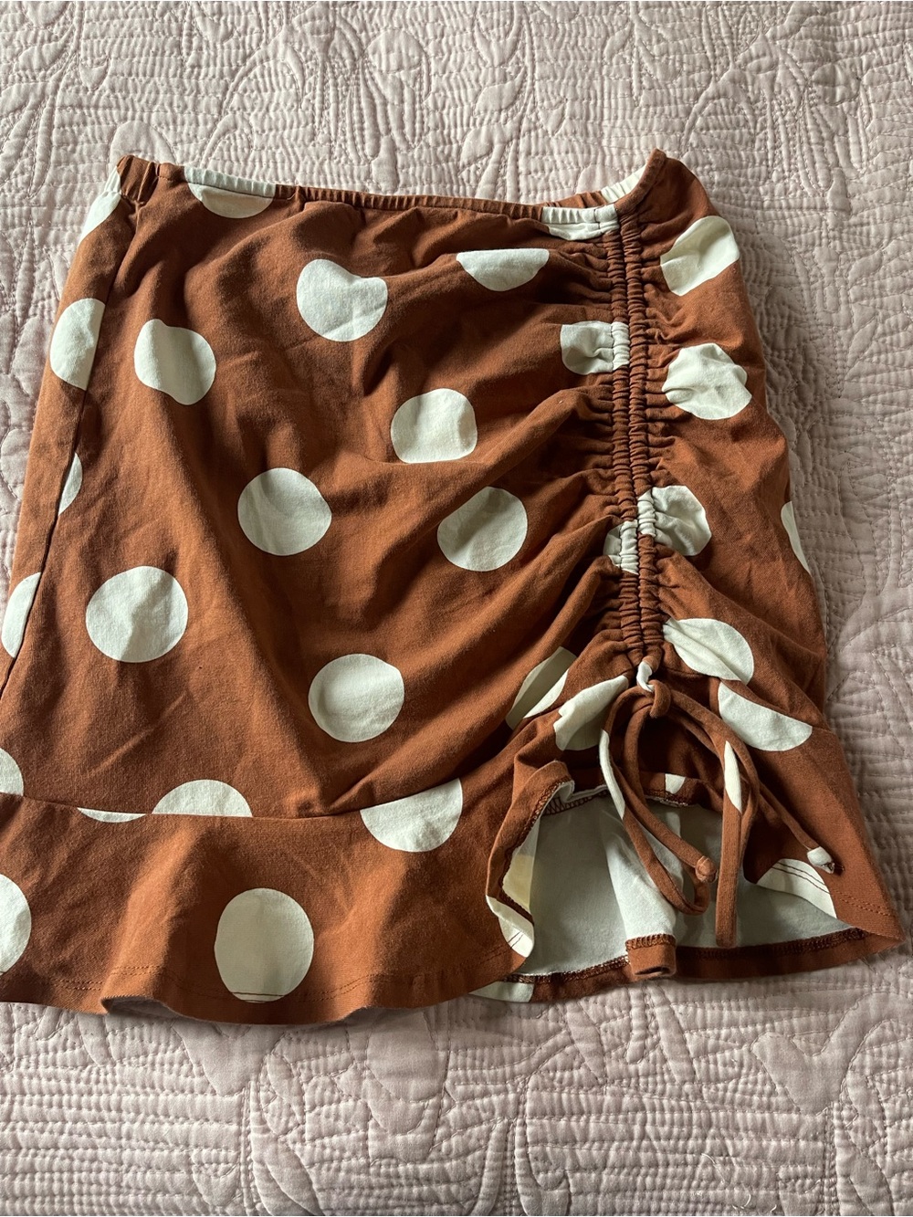 SO Rust Polka Dot Ruched Mini Skirt